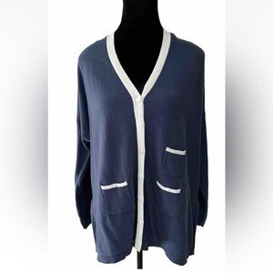 Wynne Layers XS Cardigan Blue White Button Front Sweater 100% Cotton Oversized